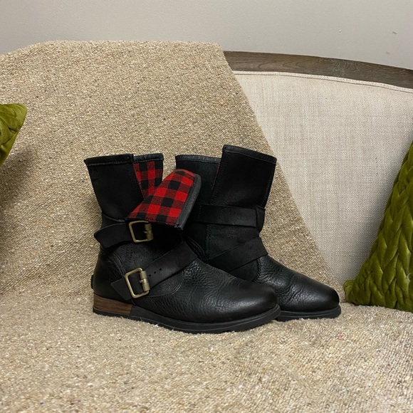 Free People Sorel Black leather major Moto boot shoe 6 bootie - Picture 6 of 7